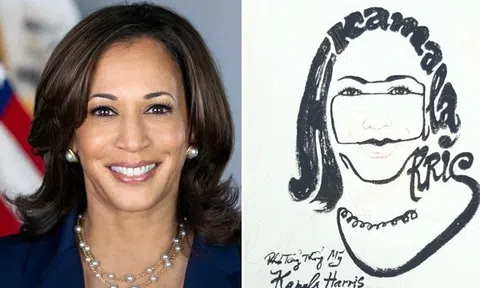 Nhà thư pháp Lê Thiên Lý khắc họa chân dung Phó Tổng thống Mỹ Kamala Harris bằng lối thư pháp Nhân diện thư