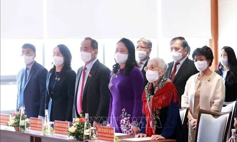 Trao Huy hiệu 75 năm tuổi Đảng cho nguyên Phó Chủ tịch nước Nguyễn Thị Bình
