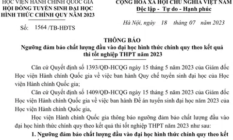 Học viện Hành chính Quốc gia thông báo ngưỡng đảm bảo chất lượng đầu vào đại học hình thức chính quy theo kết quả thi tốt nghiệp THPT năm 2023