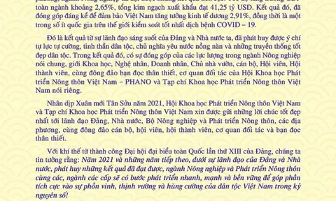 Thư chúc Tết của Chủ tịch Hội Khoa học Phát triển Nông thôn Việt Nam