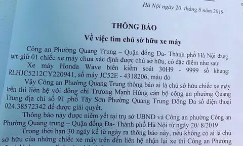 Hà Nội: Công an phường Quang Trung tìm chủ xe biển số tứ quý 9 (lần 2)
