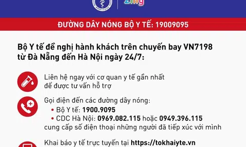 Bộ Y tế thông báo khẩn tìm hành khách chuyến bay VN7198 từ Đà Nẵng đến Hà Nội ngày 24/7
