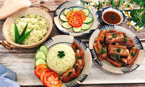 Sườn rim mặn ngọt ăn kèm cơm lá dứa