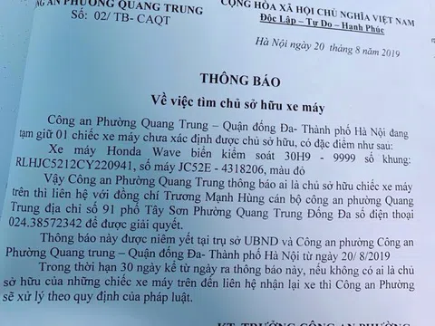 Hà Nội: Công an phường Quang Trung tìm chủ xe biển số tứ quý 9 (lần 1)
