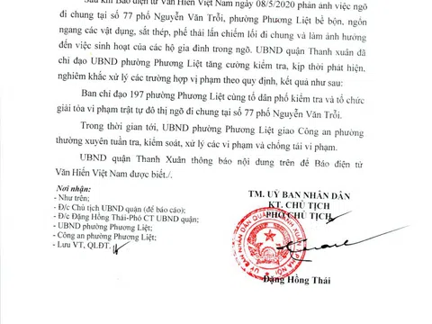 Phản hồi thông tin: UBND quận Thanh Xuân (Hà Nội) chỉ đạo xử lý vi phạm trật tự đô thi tại ngõ 77 Nguyễn Văn Trỗi