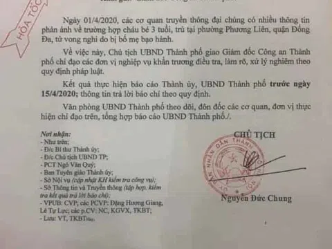 Chủ tịch UBND TP. Hà Nội chỉ đạo làm rõ vụ cháu bé 3 tuổi nghi vấn bị cha dượng và mẹ đẻ bạo hành đến tử vong